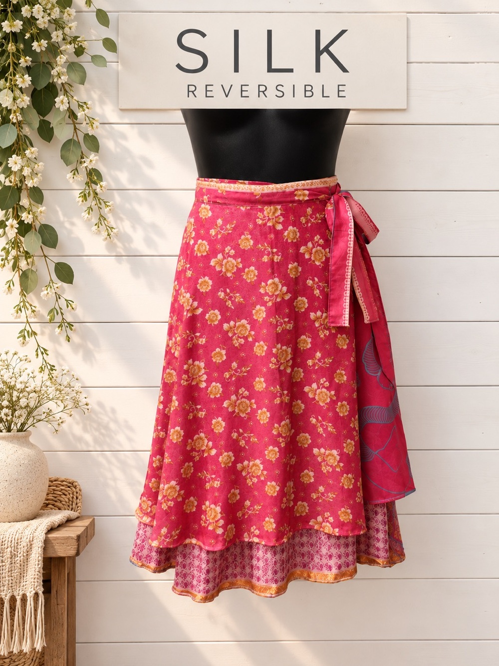 REVERSIBLE SILK WRAP SKIRT Pink Floral One Size